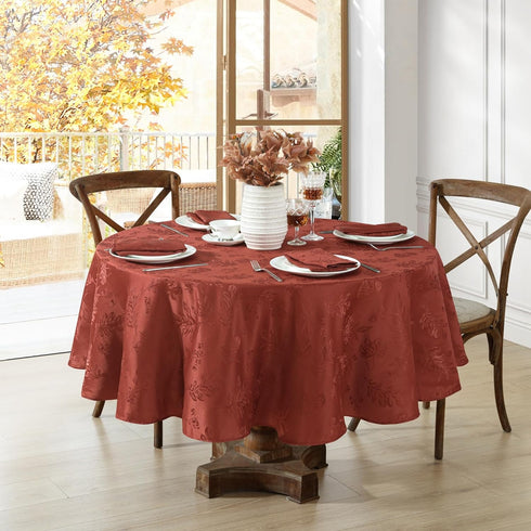Elrene Home Fashions 70" x 70" Round Elegant Woven Leaves Jacquard Damask Tablecloth, Spice Red, Wrinkle Resistant