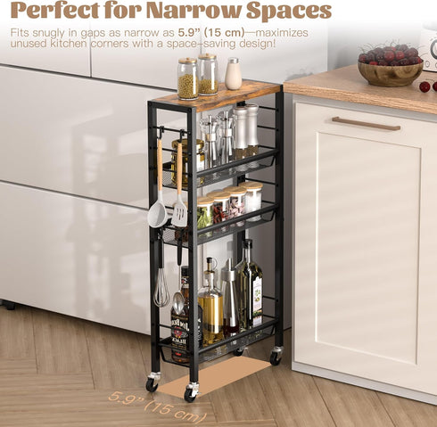 Wheels,4-Tier Narrow Storage Cart with Narrow Kitchen Carts Slim Rolling Cart,Skinny Storage Cart for Small