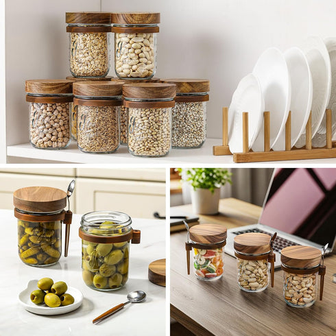 4 Pack 16oz Overnight Oats Containers with Wooden Lids and Spoons, Glass Mason Overnight Oats Jars with Lids, Large