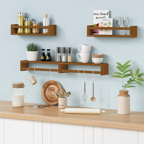 4-Pack) Forbena Walnut Brown Nursery Bookshelf Wall Mounted, Wooden Floating Book Shelves for Wall, Nursery Hanging