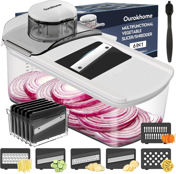 Ourokhome Vegetable Mandolin Slicer, Hand Safe Kitchen Food Shredder with 6 Mandoline
