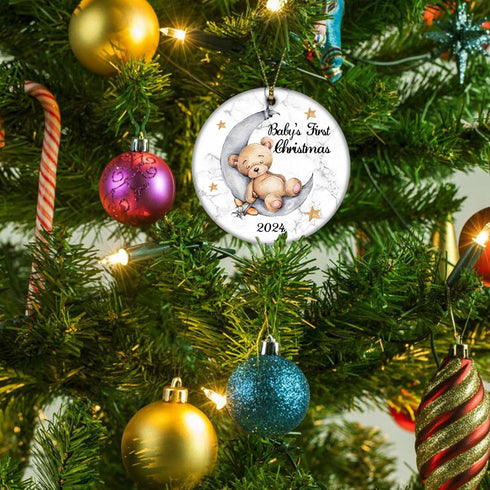 Baby's First Christmas 2025 Boy Bear on The Moon Ornament, Christmas Wedding Decoration, Newlywed 2025 (Yellow and