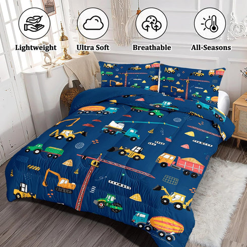 3 Set Sets, Sets Pcs Twin Bedding for Boys, Kids Construction Truck Comforter Excavator Truck Twin Boys Bedding for All