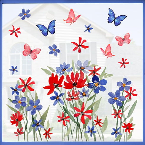 Mfault 4th of July Summer Wild Flower Patriotic Window Clings, 4 Sheets Red Blue Floral Butterfly USA Stickers for Decor