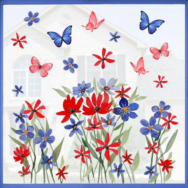 Mfault 4th of July Summer Wild Flower Patriotic Window Clings, 4 Sheets Red Blue Floral Butterfly USA Stickers for Decor