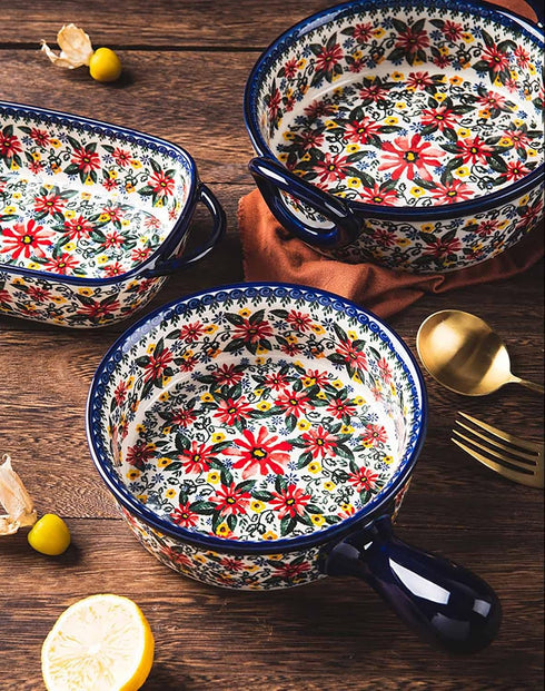 Vintage Style Red Daisy Flower Ceramic Bakeware Casserole Dish, 32 OZ, 1 PCS, Baking Pan with Handles for Oven