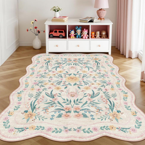 5X7 Pink Floral Rug for Girls Bedroom or Nursery, Scalloped Washable Non-Slip Area Rug, Cute Soft Boho Carpet for Kids