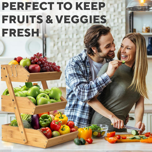 Bamboo Fruit Basket 3-Tier - Premium Produce Basket for Kitchen with 2 Hangers, Durable & Easy to Assemble Fruit Stand
