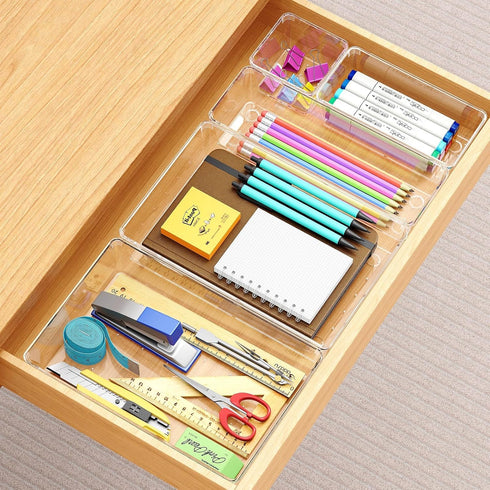 Drawer Organizers Set of 80, Clear Plastic Storage Bins in 4 Sizes for Kitchen, Bathroom, Office, Dresser, Jewelry,