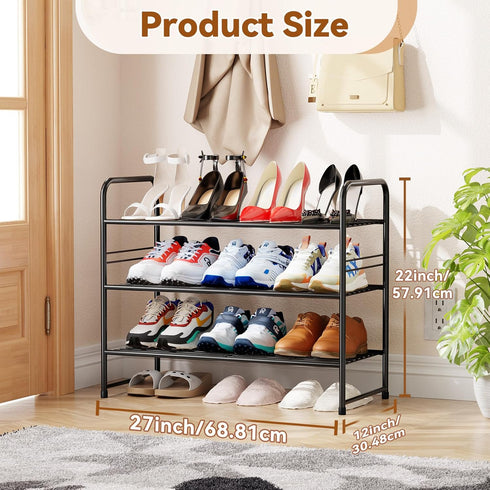 Closet, 3 Shoe Rack Tier Stackable Metal Shoe Shelf Organizer for Entryway, Stackable Heavy Duty & Adjustable, Black