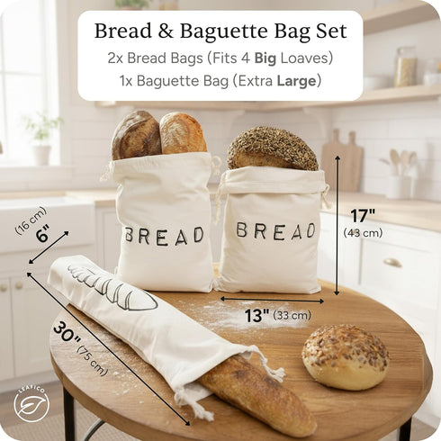 2 1 Leafico Reusable Bread Bags Cotton Storage Bags + Baguette Bag with Food Safe TPU Liner For Homemade Bread