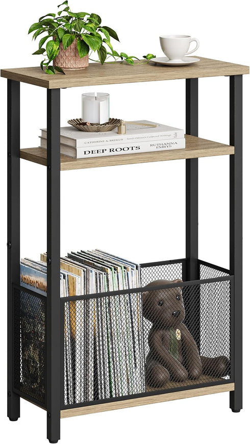 MMEOLUOOK Narrow Side Table with Storage Basket Skinny End Tables for Smalls Spaces