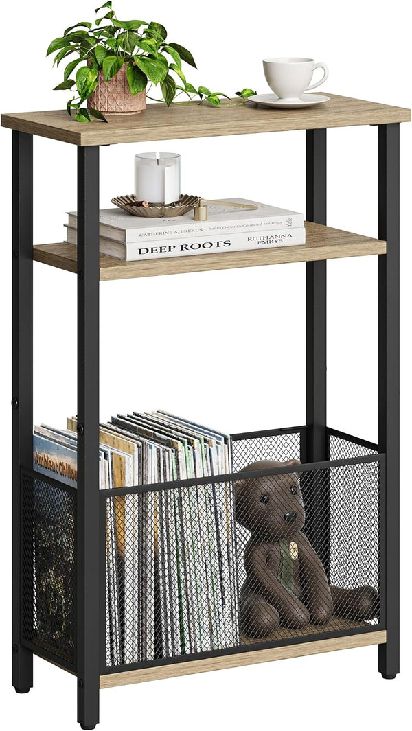 MMEOLUOOK Narrow Side Table with Storage Basket Skinny End Tables for Smalls Spaces