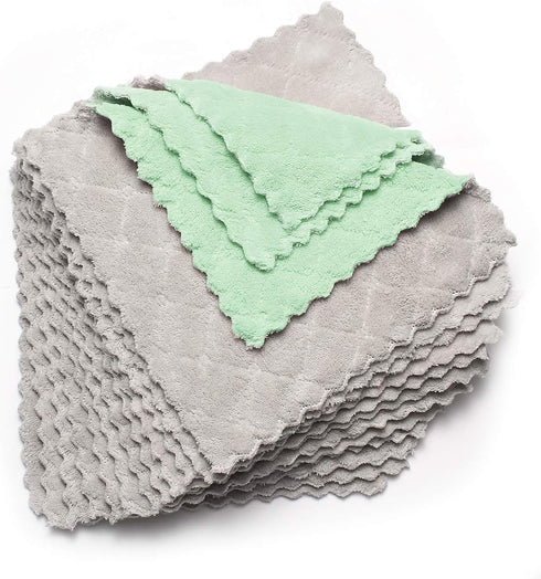 kimteny 12 Pack Dish Towels - 10x10 in Premium Coral Velvet Dishcloths, Super Absorbent Kitchen Towels (Green-Grey)