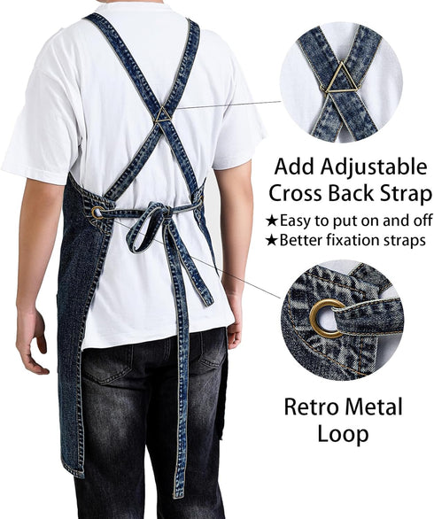 5-Pockets Cotton Denim Apron Soft - Unisex Adjustable Bib Apron with Perfect for Kitchens