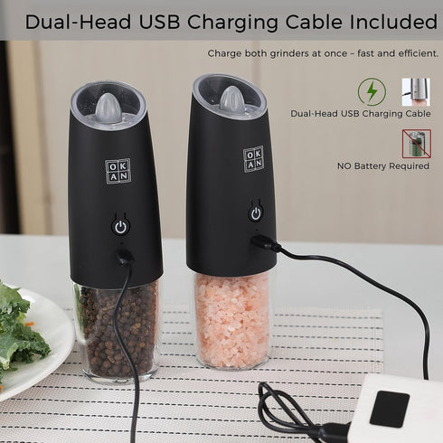Set 591 (100ml) Electric Salt and Pepper Grinder Gravity Tilt-to-Grind, USB-C Rechargeable, Adjustable Ceramic Burr