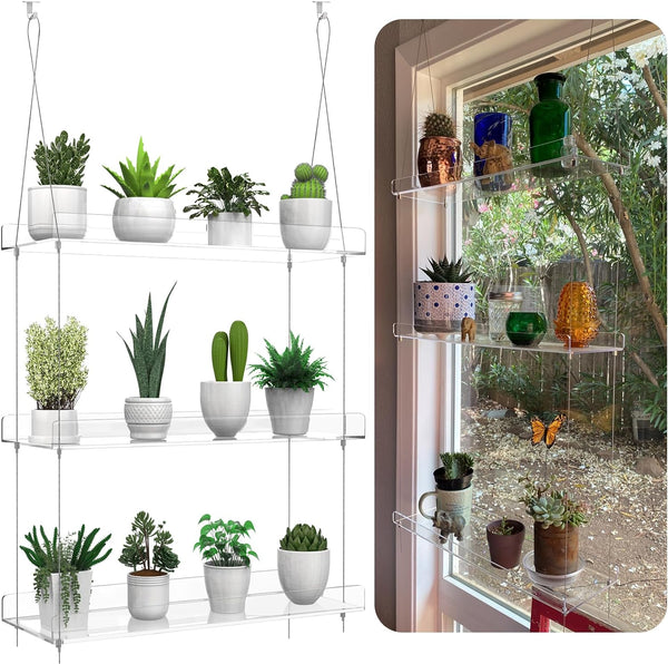 ZerzSemp 3-Tier Hanging Clear Plant Shelves for Windows, Acrylic Window Wall Plant Stand