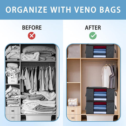 VENO 3 Pack Large Organizer Storage Bag for Clothes, Grey, Foldable with Sturdy Zipper, Clear Window, 13.3 Gallon