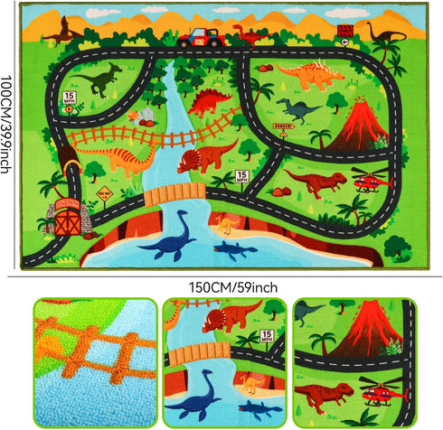 Rug,59"X39.4" Kids Carpet Playmat Dinosaur Car Rugs for Kids Toy Cars,Non Slip Dino Safari Road Map Kid Rug