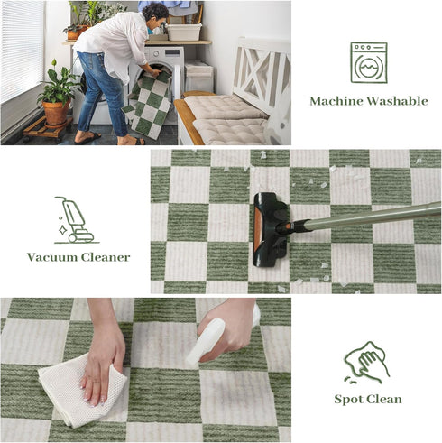 4 Bedroom(Green,120R) LIVEBOX Checkered Round Rug Ft Washable Area Rug for Playroom Classroom, Kids Non-Slip Neutral