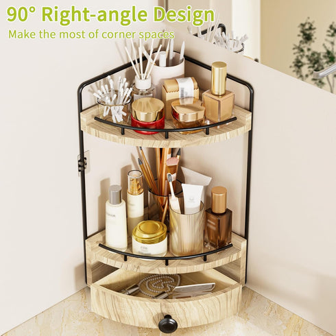 Aollewoiti 2-Tier Counter Countertop Counter Corner Bathroom Organizer with Drawer & Embedded Screw Holes - Wooden