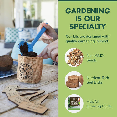 Indoor Herb Garden Starter Kit - Heirloom, Non-GMO Herb Seeds - Basil Thyme Parsley Cilantro Seed, Potting Soil, Pots