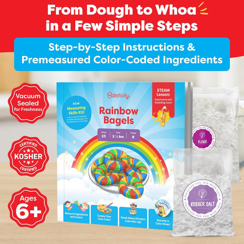 6-12+ Baketivity Rainbow Bagel Kids Baking Kit - Baking Kits for Kids with Premeasured Ingredients, Step-By-Step