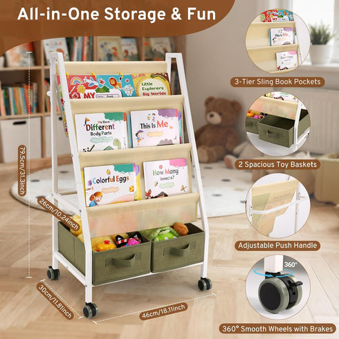 EARLY MINDS 3-Tier Kids Bookshelf with Storage, Wheels & Handle, Montessori Sling Book Organizer for Toddlers