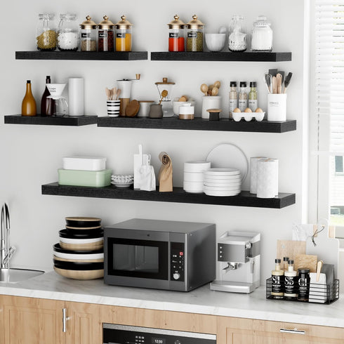 16 Inch 2 Pack, Fun Memories Floating Shelves - Deep Rustic Black Wooden Wall Shelves - Extra Deeper & Thicker Wall