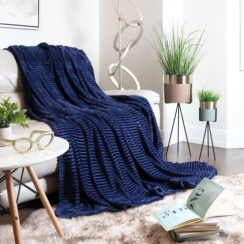 Clara Clark Cut Plush Fleece Throw Blanket, Lightweight Super Soft Fuzzy Luxury Bed Blanket (50x60) Navy Blue
