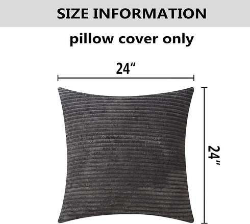 Home Brilliant 24x24 Decorative Pillow Cover | Striped Corduroy Soft Velvet Euro Sham Cushion Cover, Dark Grey