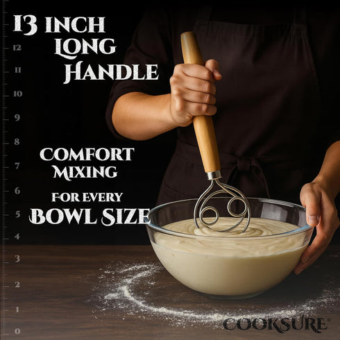 13 Inch 304 Danish Dough Whisk for Sourdough Bread Bread Whisk with Wooden Handle Stainless Steel Hook for Heavy Dough