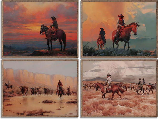 EVPYXFUT 4Pcs Vintage Western Cowboy Wall Art, Retro Oil Landscape Canvas Prints, Rustic Farmhouse Decor