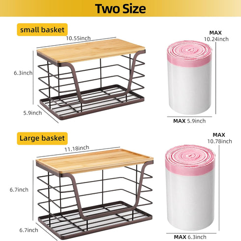 2 Pack 4-13 ALOCEO Stackable Wire Storage Basket with Bamboo Lip, Trash Bag Dispenser Under Sink for Gal Bags, Kitchen