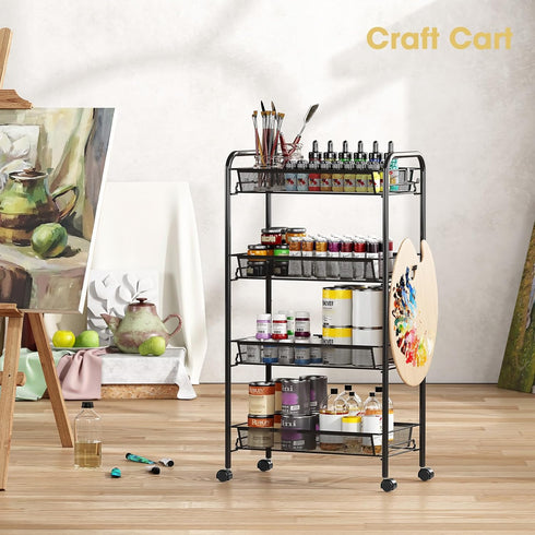 4-Tier 3 TOOLF Rolling Cart, Metal Utility Cart with Hooks, Easy Assemble Mobile Storage Trolley On Wheels, Metal