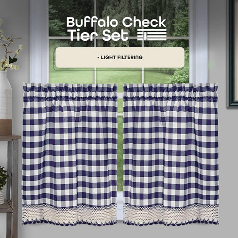 Buffalo Check Tier Pair Window Curtain Set, 58 Inch Width, 24 Inch Length, Navy & Ivory Plaid Drapes