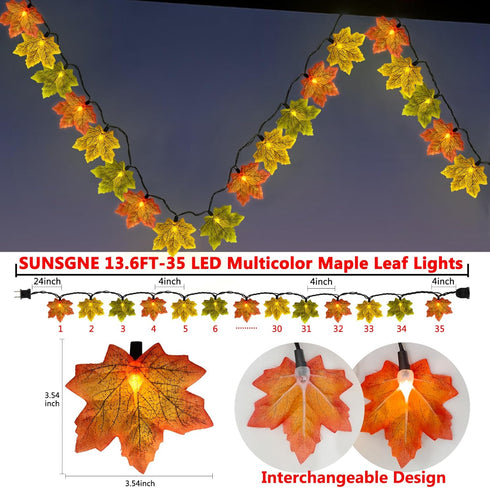 13.6FT 35LED SUNSGNE Fall Lights Thanksgiving String Lights, Orange Yellow Green Maple Leaf String Lights