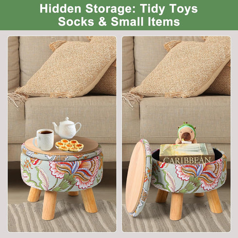 12.7 10.6 Round Storage Ottoman with Reversible Tray Lid, "W x "H Upholstered Footrest Pouf with Anti-slip