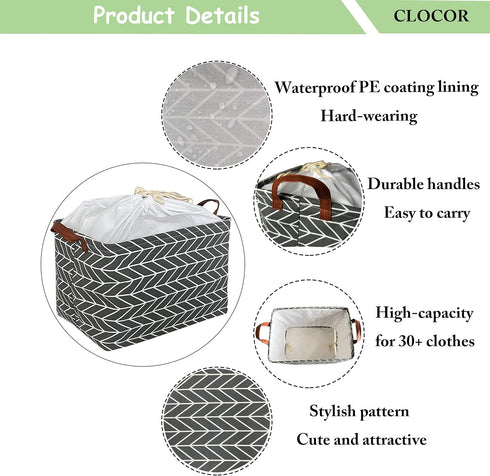 CLOCOR Collapsible Rectangular Storage Basket - 3 Pack Grey Arrow, Waterproof Coating, Handles for Organization