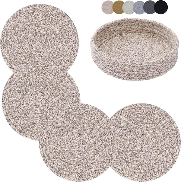 Trivets for Hot Dishes, 4 Pcs Heat Resistant Hot Pads with Storage Basket for Kitchen Countertops (Brown)