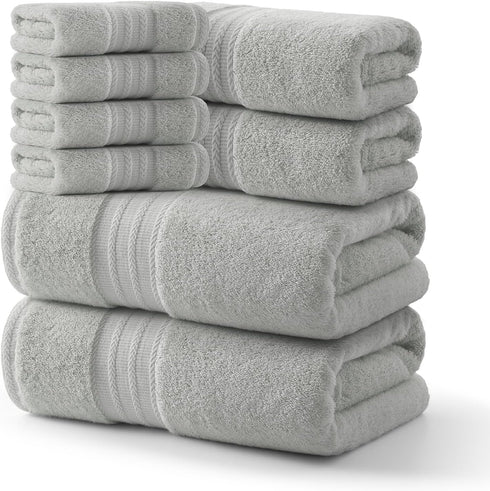 REDKISS 8 Piece Grey Towels Set - 100% Cotton Towels Set with