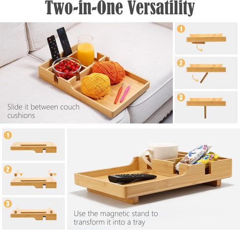 2-in-1 2 Remotes,15.35x9.84-inch Nnewvante Couch Tray, Insert & Flat Sofa Organizer Bamboo with Cup Holders,Fits Seat