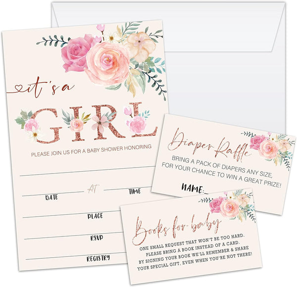 Utaqer Blush Pink Floral Baby Shower Invitation Cards With Envelopes, Diaper Raffle Tickets,