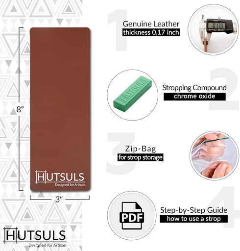 Brown Leather Strop with Compound - Get Razor-Sharp Edges with Stropping Kit, Green Honing Compound & Vegetable Tanned Two Sided Knife Sharpener Step-by-Step Guide Included by Hutsuls