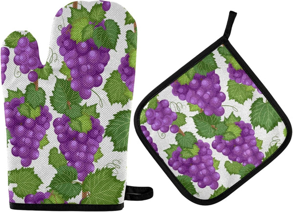 Purple Grape Vine Potholders and Oven Mitts, Non-Slip Heat Resistant Sets for Kitchens and Baking