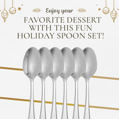 Spode Christmas Tree Cocktail Spoons | Christmas Dessert Spoons | Flatware Set for 6 | 18/10 Stainless Steel Utensil