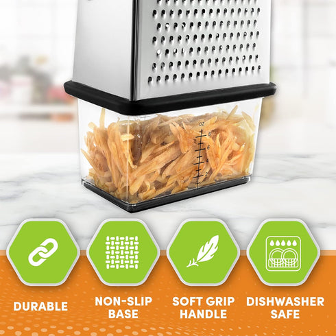 Spring Chef 10" Professional Parmesan Cheese Grater with Container, 4 Sided Kitchen Cheese Shredder, Black Soft Grip