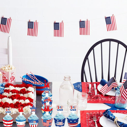 24 PCS 4th of July Cupcake Toppers, USA Patriotic Cupcake Liners for Cake Decoration Supplies