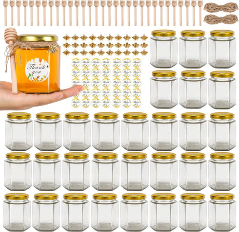 BIGIVACA 6 oz Mini Honey Jars - 30 Pack Hexagon Glass Jars