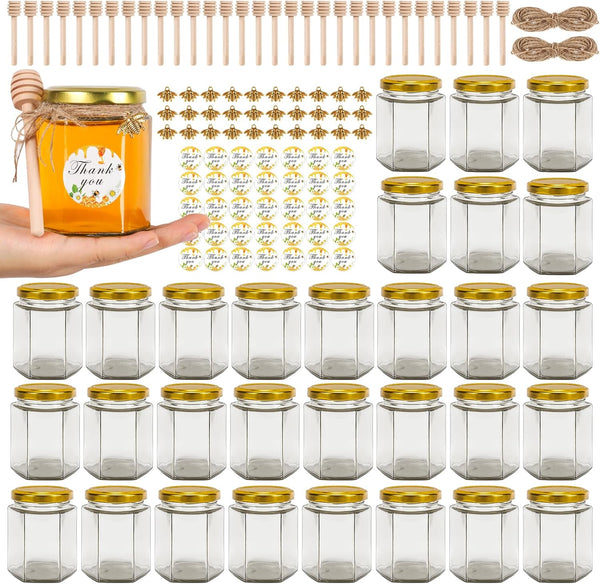 BIGIVACA 6 oz Mini Honey Jars - 30 Pack Hexagon Glass Jars